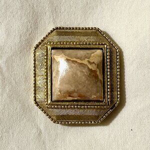 Pin / Brooch * Brass Tone & Polished Stone * Vintage * 1-1/4" Square * Excel Con